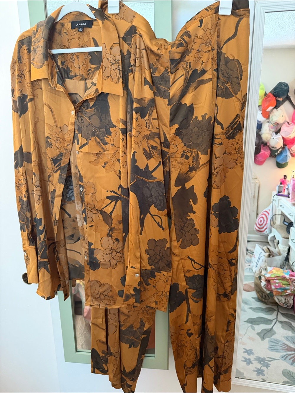 Mustard and Black Floral Button-Up Shirt with Matching Pants